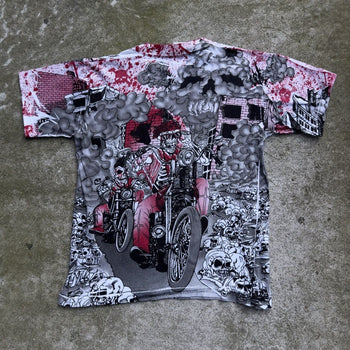 1990S SKELETON BIKER FLAME ALL OVER PRINT TEE