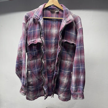 1990s Faded Distressed Plaid Grunge Zip Flannel Shirt