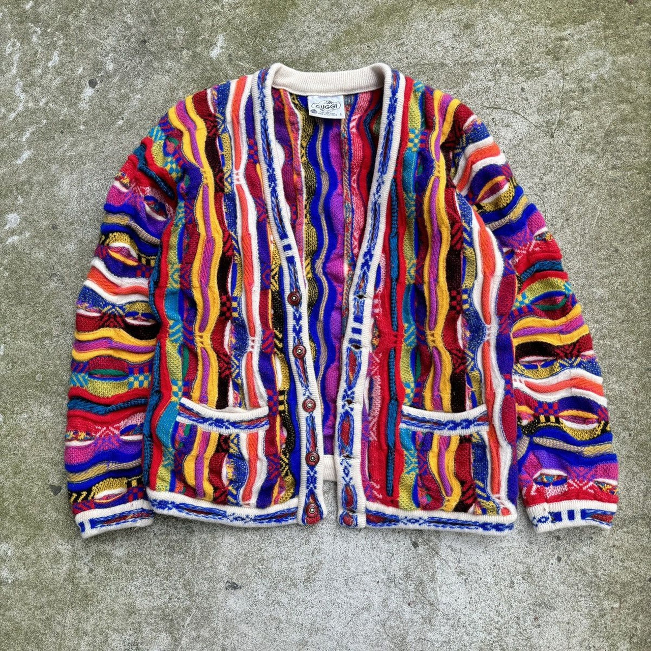 1980S / 1990S CUGGI COOGI MULTI COLOR KNIT CARDIGAN SWEATER