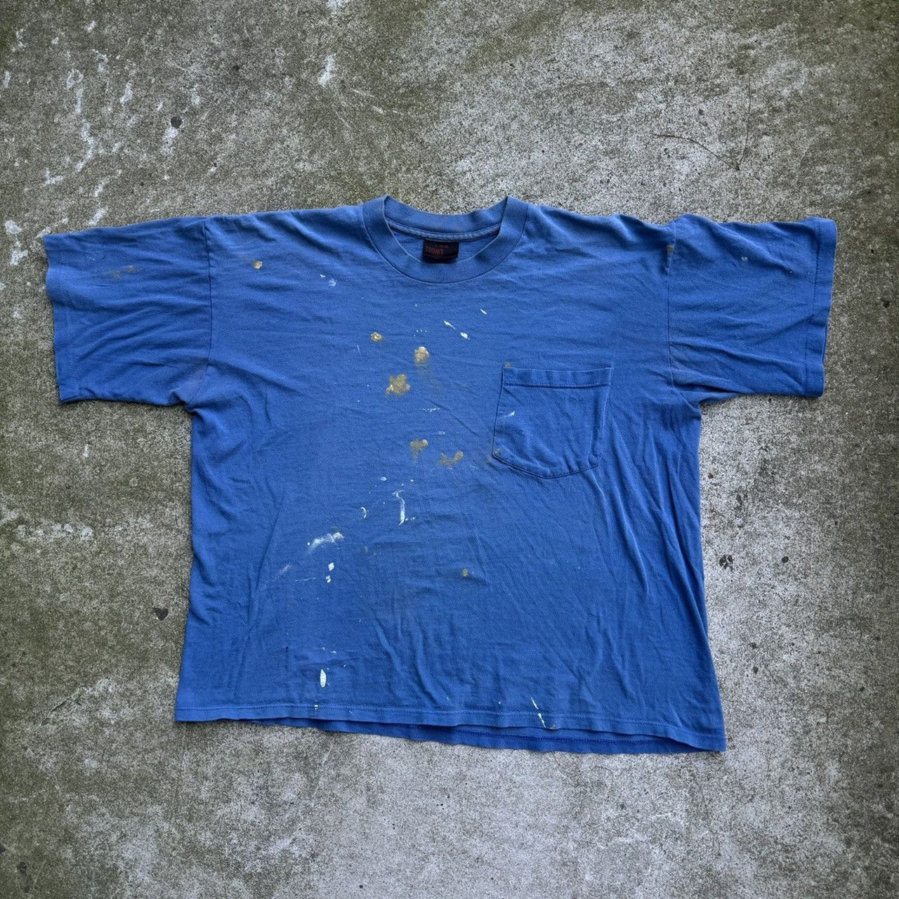 1990s SINGLE STITCH THRASHED PAINTED BLUE POCKET TEE