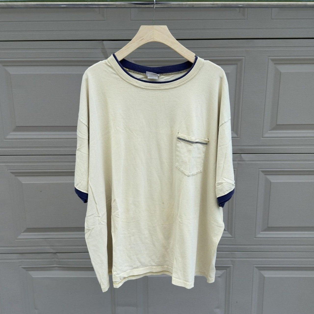 2000s Pale Yellow Thrashed Faded Distressed Pocket Tee