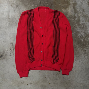 1960s 1970s RED STRIPED MOD STYLE ACRYLIC CARDIGAN SWEATER