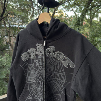 Sp5der Phantom Black Rhinestone Zip Up Hoodie SS25