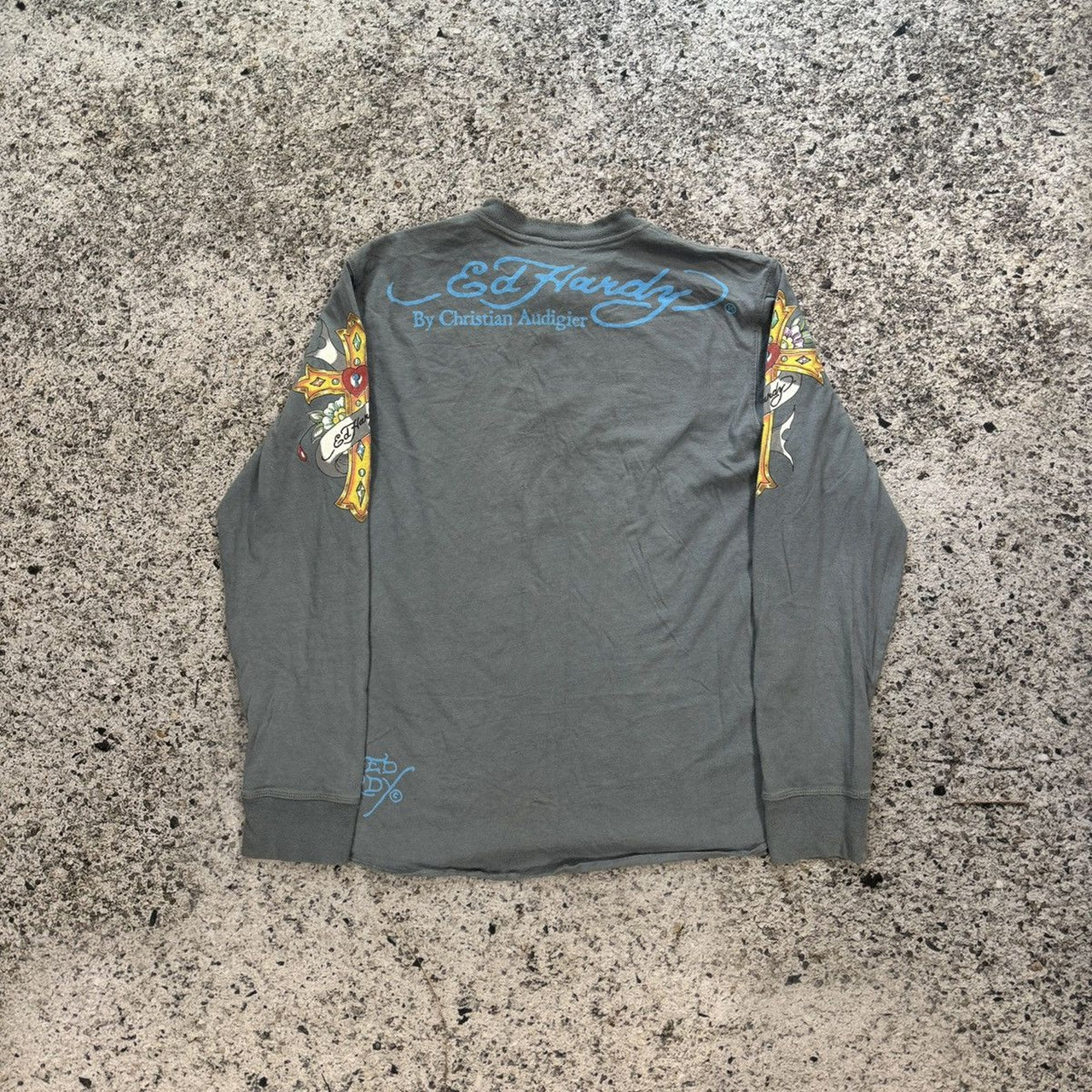 2000s Ed Hardy Faded Ghost Skull Rhinestone Henley Shirt
