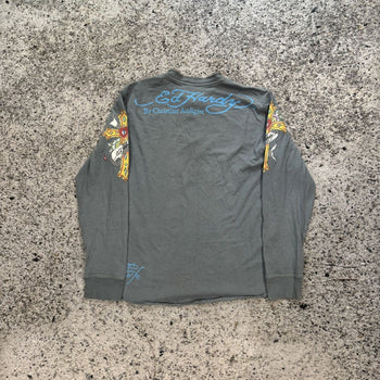 2000s Ed Hardy Faded Ghost Skull Rhinestone Henley Shirt