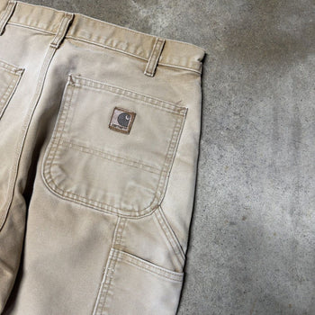 VINTAGE CARHARTT THRASHED FADED TAN DENIM DOUBLE KNEE PANTS