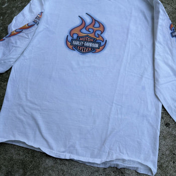 2000S HARLEY DAVIDSON FADED THRASHED FLAME LOGO LONGSLEEVE TEE