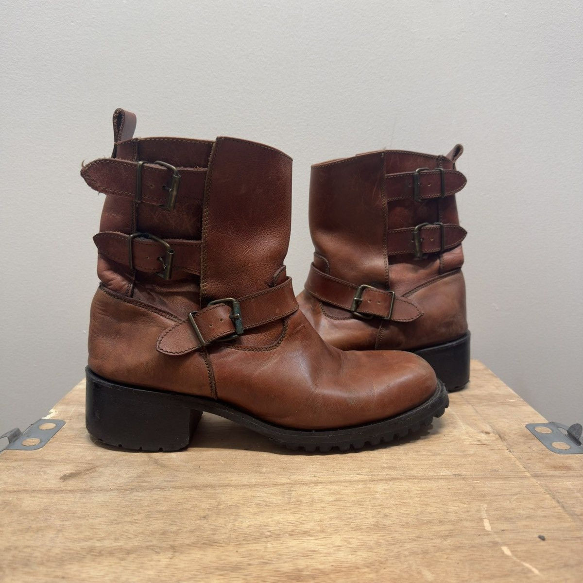 Vintage 2000s Brown Leather Triple Buckle Engineer Boots