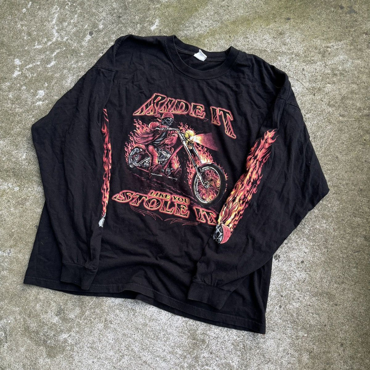 2000S RIDE IT LIKE YOU STOLE IT SKULL FLAME BIKER LONGSLEEVE TEE