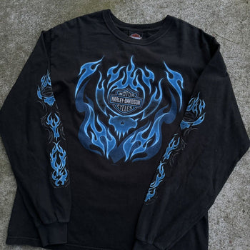 2000s HARLEY DAVIDSON BLUE SKULL FLAME LONGSLEEVE TEE VIRGINIA BEACH