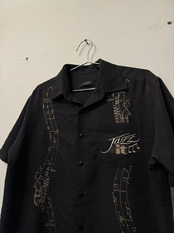 2000s JAZZ EMBROIDERED MUSIC NOTES CAMP COLLAR SHIRT