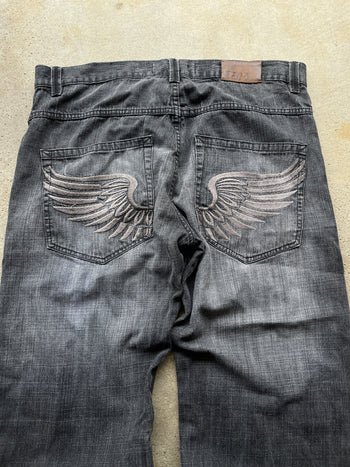 2000s THRASHED BAGGY WING EMBROIDERED DENIM SKATER JEANS