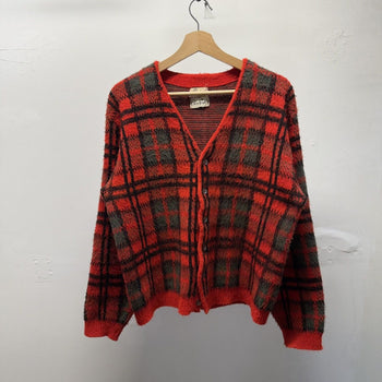 Vintage 1960s Red Plaid Acrylic Cardigan Sweater