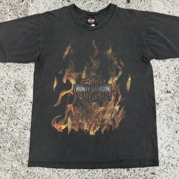 2000s HARLEY DAVIDSON FADED THRASHED FLAME LOGO TEE