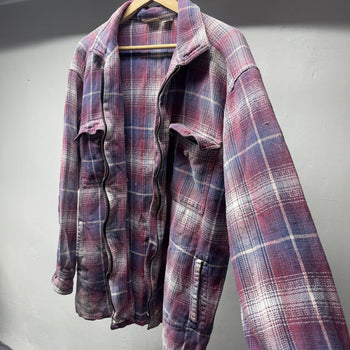 1990s Faded Distressed Plaid Grunge Zip Flannel Shirt