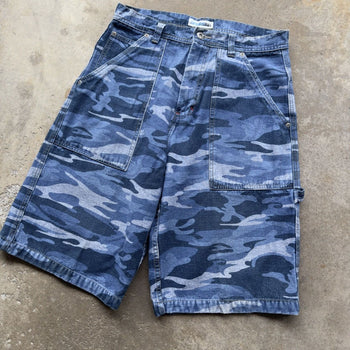 2000s Y2K BLUE CAMO BAGGY SKATER DENIM JEAN SHORTS JORTS