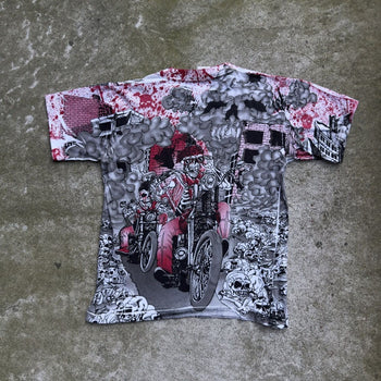 1990S SKELETON BIKER FLAME ALL OVER PRINT TEE