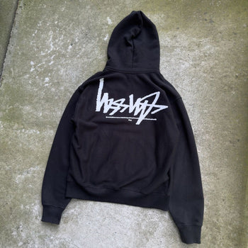 STUSSY FLIPPED LOGO ZIP UP HOODIE BLACK