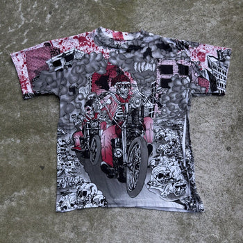 1990S SKELETON BIKER FLAME ALL OVER PRINT TEE