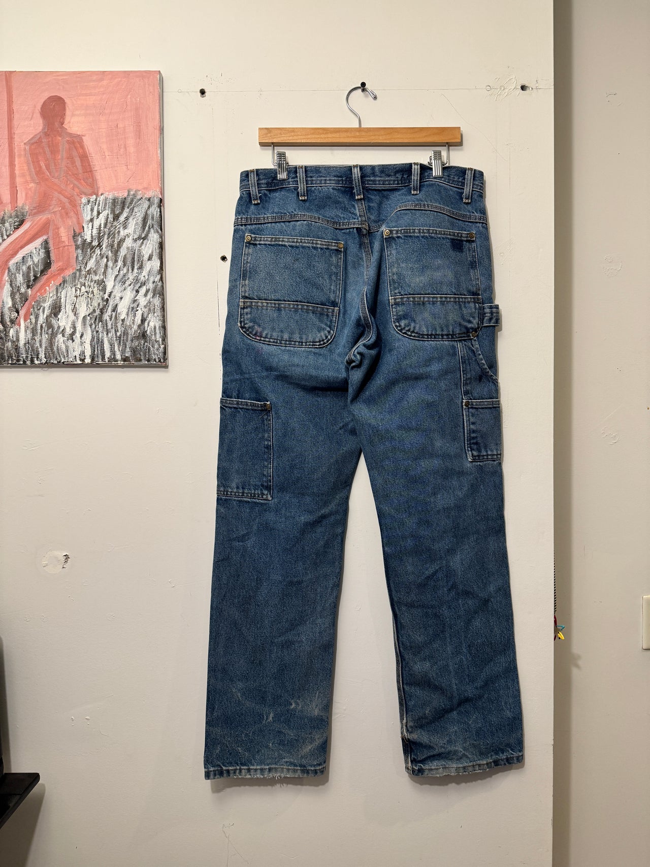 2000S KEY THRASHED DENIM DOUBLE KNEE CARPENTER WORK JEANS