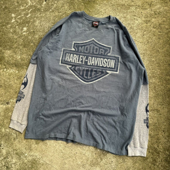 2000S HARLEY DAVIDSON BLUE FLAME LOGO THERMAL LONGSLEEVE TEE