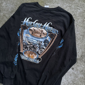 2000s HARLEY DAVIDSON BLUE SKULL FLAME LONGSLEEVE TEE VIRGINIA BEACH