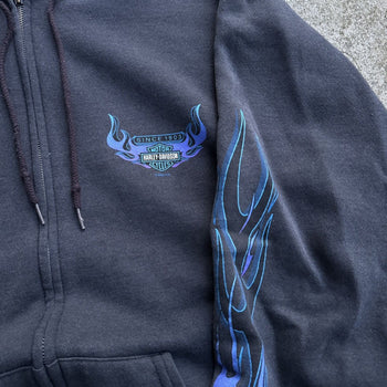 2000S HARLEY DAVIDSON FADED CALIFORNIA BLUE FLAME ZIP UP HOODIE