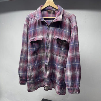 1990s Faded Distressed Plaid Grunge Zip Flannel Shirt