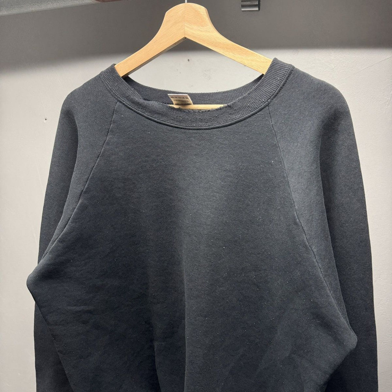1990s Thrashed Faded Distressed Blank Black Raglan Sweatshirt