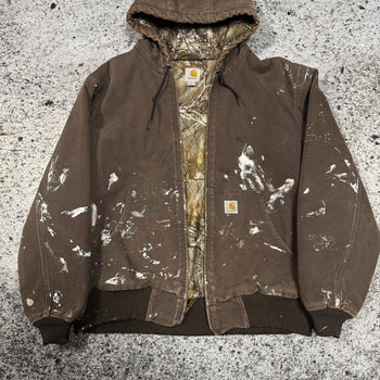 CARHARTT PAINT SPLATTERED FADED REALTREE CAMO LINED HOODED WORK JACKET