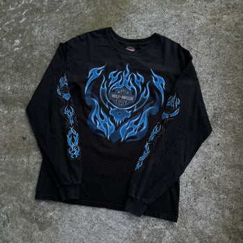 2000s HARLEY DAVIDSON BLUE SKULL FLAME LONGSLEEVE TEE VIRGINIA BEACH