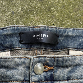 AMIRI MX1 MUD DENIM CARGO LEATHER PATCH DISTRESSED JEANS