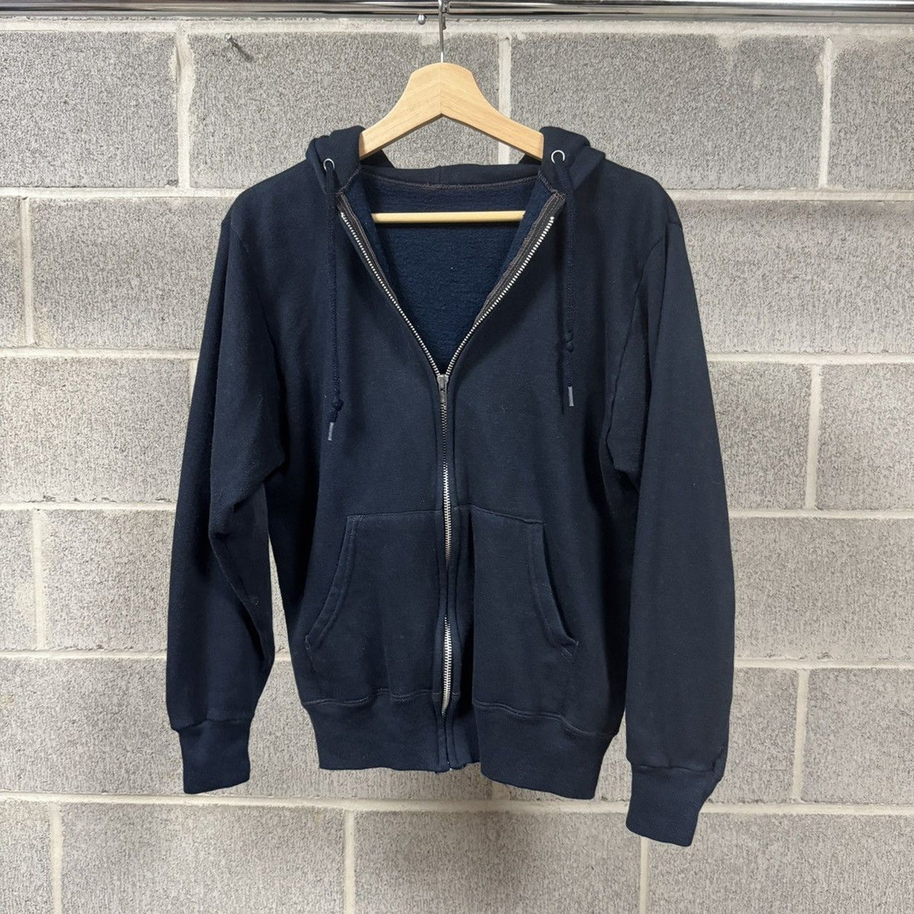 1980s Faded Navy Blue Green Zip Up Hoodie