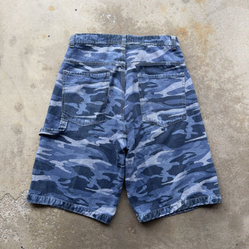 2000s Y2K BLUE CAMO BAGGY SKATER DENIM JEAN SHORTS JORTS