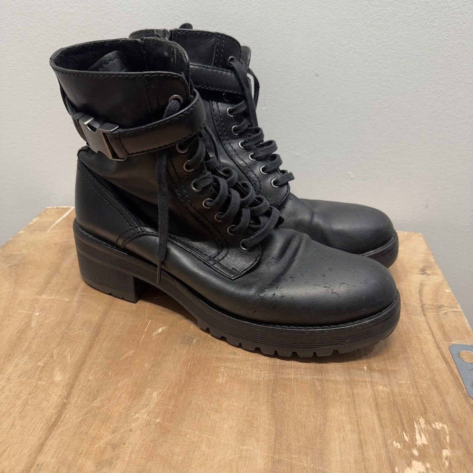 2000s Prada Sport Linea Rossa Leather Buckle Combat Boots Distressed