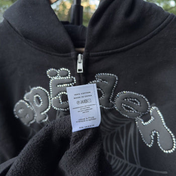 Sp5der Phantom Black Rhinestone Zip Up Hoodie SS25