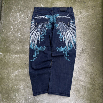 2000S Y2K RAW BLUE BAGGY CYBER WING DENIM SEQUIN JEANS