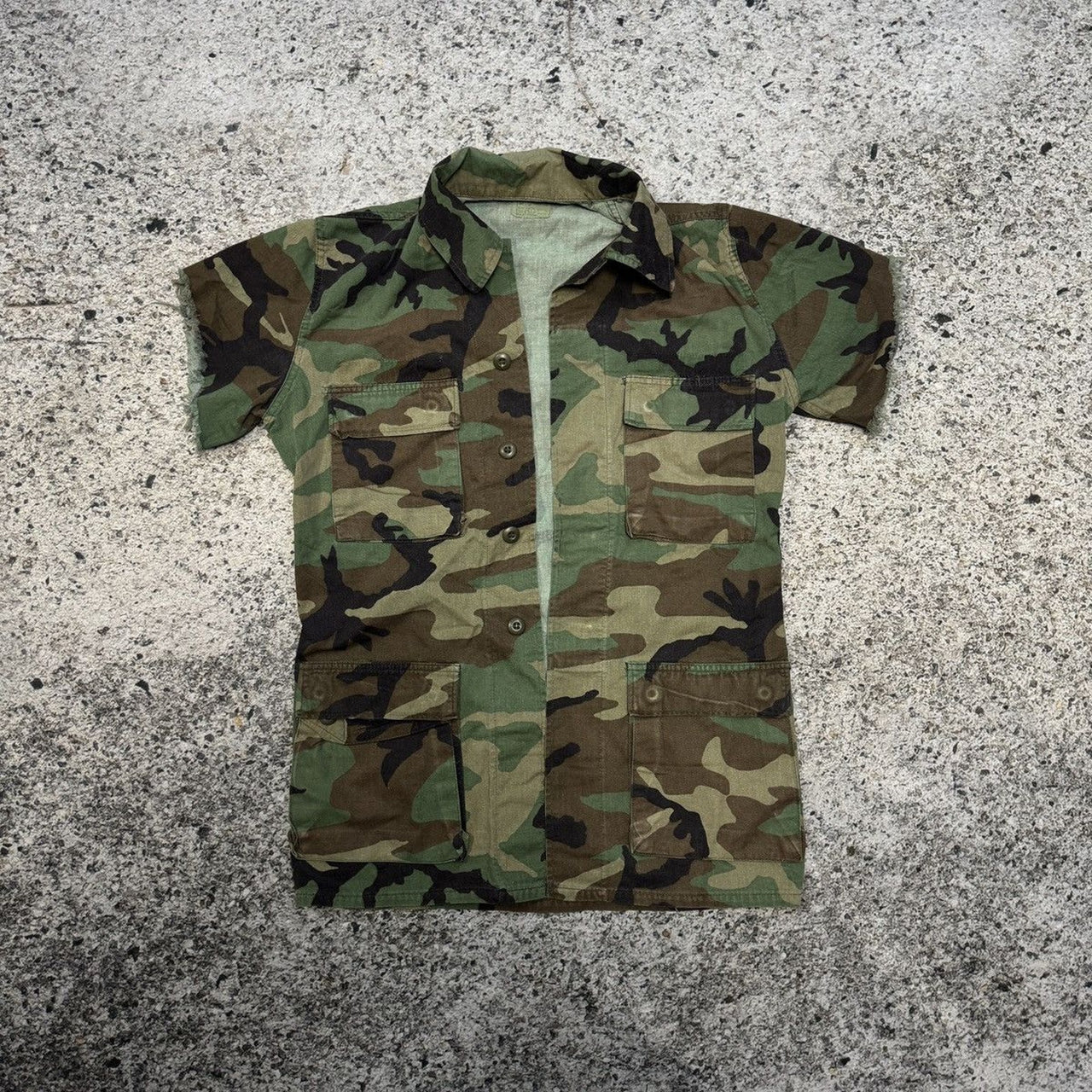1980s US Woodland Camo Chopped Cargo Shirt