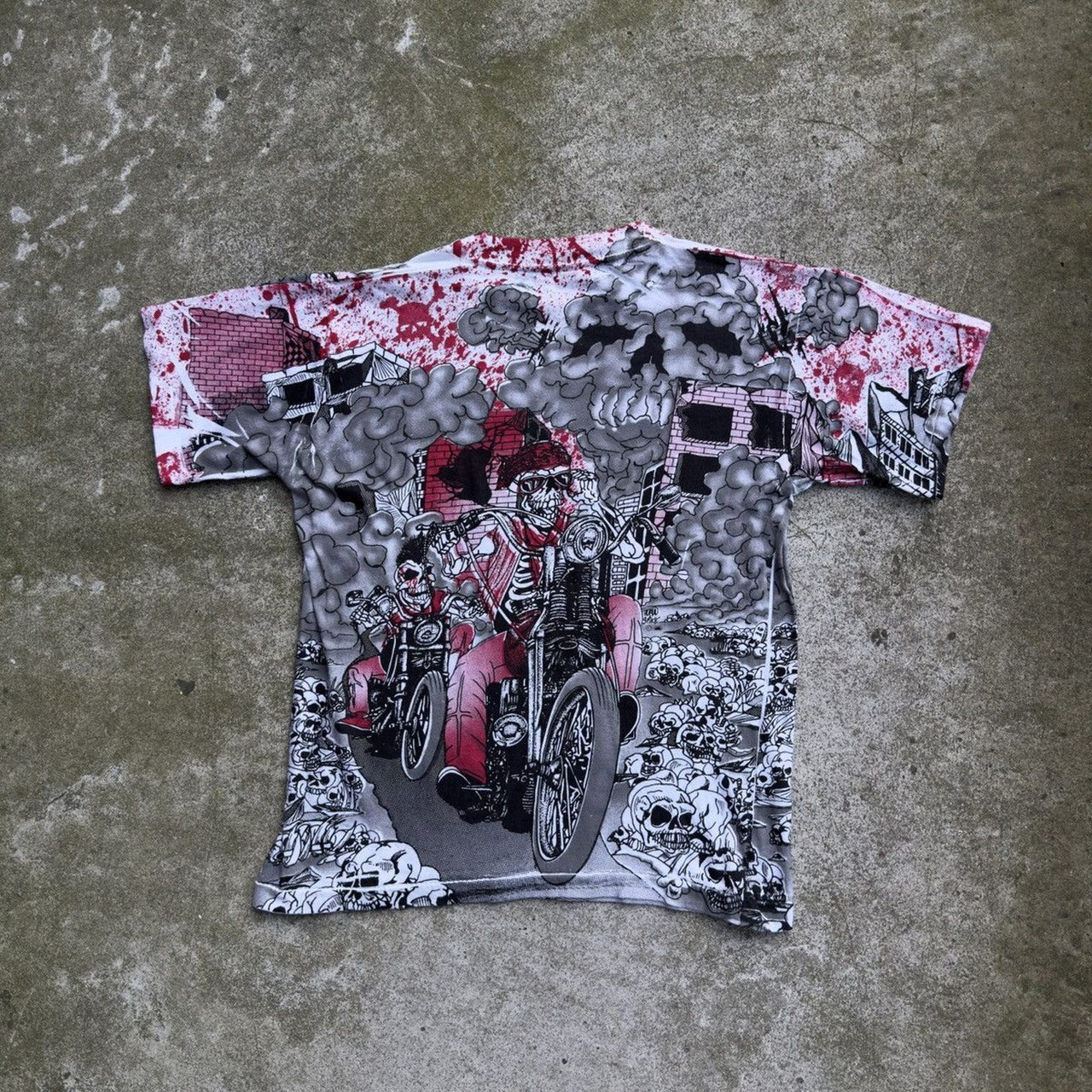 1990S SKELETON BIKER FLAME ALL OVER PRINT TEE