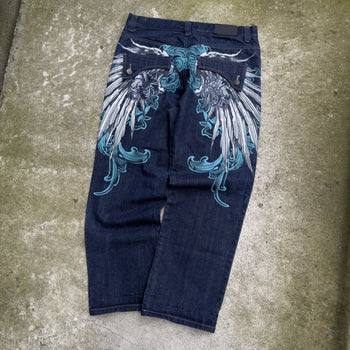 2000S Y2K RAW BLUE BAGGY CYBER WING DENIM SEQUIN JEANS