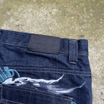 2000S Y2K RAW BLUE BAGGY CYBER WING DENIM SEQUIN JEANS