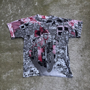 1990S SKELETON BIKER FLAME ALL OVER PRINT TEE