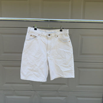 1990s Levi's 550 Orange Tab White Denim Shorts