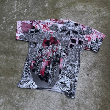 1990S SKELETON BIKER FLAME ALL OVER PRINT TEE