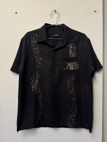 2000s JAZZ EMBROIDERED MUSIC NOTES CAMP COLLAR SHIRT