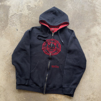 2000S Y2K SPITFIRE WHEELS SKATER ZIP UP HOODIE BLACK RED L