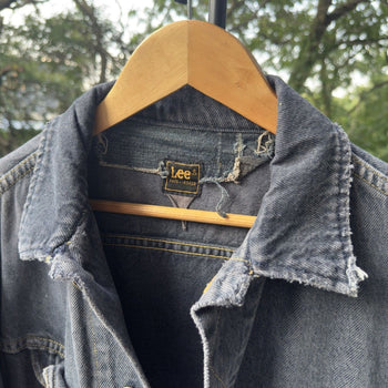 1980s Thrashed Faded Distressed Black Lee Rider's Denim Jacket
