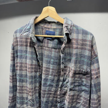 1990s Faded Distressed Plaid Grunge Flannel Shirt