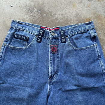 1990S BUM EQUIPMENT FADED BAGGY DENIM SKATER JEAN SHORTS JORTS