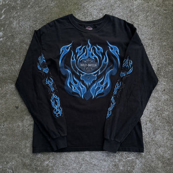 2000s HARLEY DAVIDSON BLUE SKULL FLAME LONGSLEEVE TEE VIRGINIA BEACH